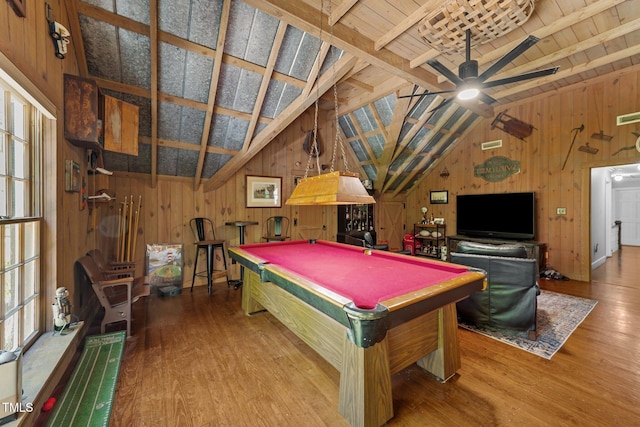 2409 Beechview Ct, Raleigh, NC 27615 - rec room featuring wooden walls, wood finished floors, a ceiling fan, billiards, and lofted ceiling
