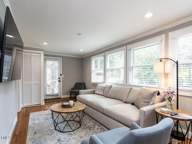 living room featuring crown molding, baseboards, wood finished floors, and a wealth of natural light