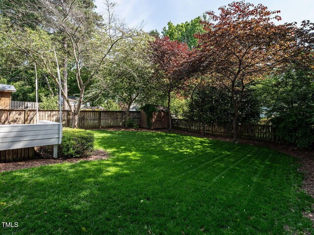 view of yard with a fenced backyard, a storage unit, and an outdoor structure