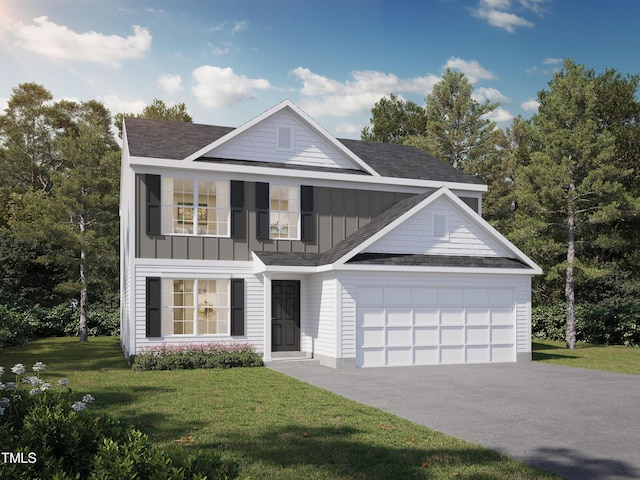 view of front facade with a front lawn, driveway, a garage, a shingled roof, and board and batten siding