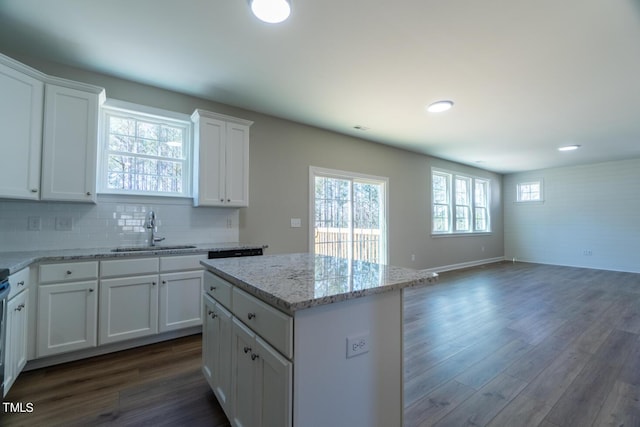 kitchen featuring a center island, dark wood-style floors, a sink, open floor plan, and white cabinetry