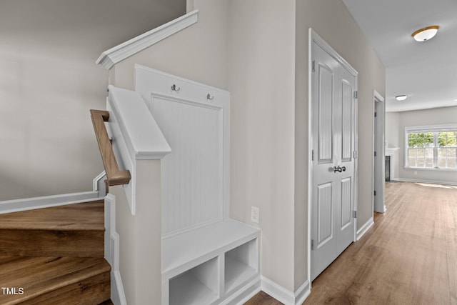 mudroom with baseboards and wood finished floors