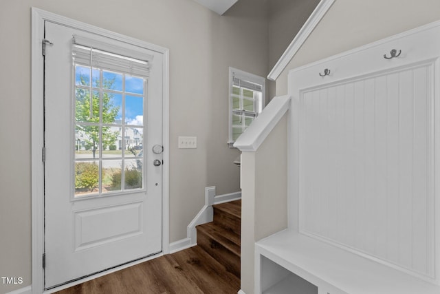 mudroom with baseboards, wood finished floors, and a healthy amount of sunlight