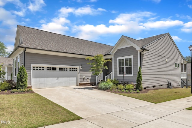 704 Haven Peak Ln, Wake Forest, NC 27587 - ranch-style home with driveway, a garage, a front yard, roof with shingles, and crawl space