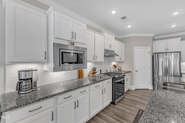 704 Haven Peak Ln, Wake Forest, NC 27587 - kitchen with stainless steel appliances, under cabinet range hood, white cabinets, ornamental molding, and decorative backsplash