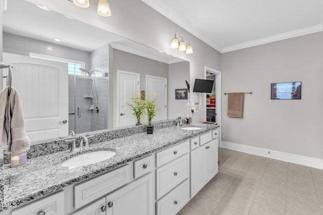 704 Haven Peak Ln, Wake Forest, NC 27587 - bathroom featuring double vanity, a stall shower, crown molding, and tile patterned flooring