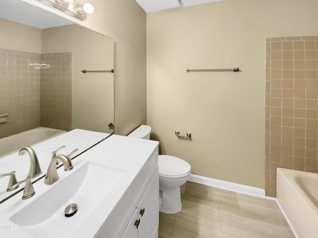 3504 Crofton Ct, Raleigh, NC 27604 - bathroom featuring toilet, shower / bathing tub combination, baseboards, tile patterned flooring, and vanity