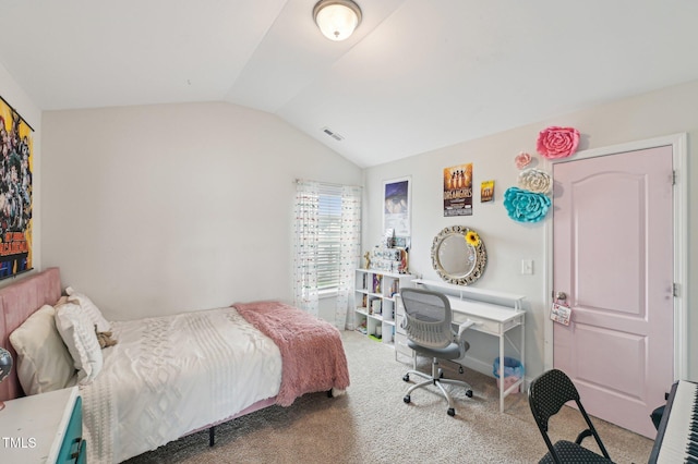 bedroom featuring carpet flooring, lofted ceiling, and visible vents