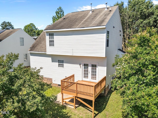 620 Hanska Way, Raleigh, NC 27610 - back of house with a wooden deck, french doors, and roof with shingles