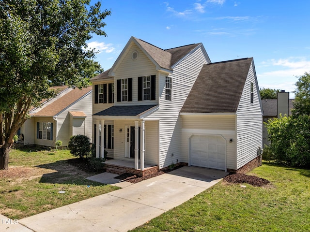 620 Hanska Way, Raleigh, NC 27610 - view of front of property with covered porch, a front lawn, a shingled roof, driveway, and an attached garage
