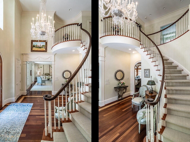 5420 Deer Forest Trl, Raleigh, NC 27614 - entrance foyer with arched walkways, a chandelier, stairway, a towering ceiling, and crown molding