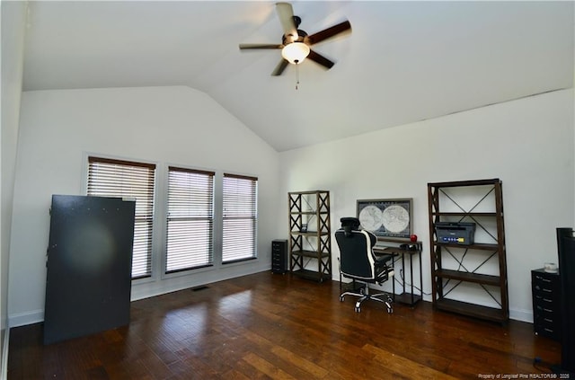 6226 Deerstand Rd, Wade, NC 28395 - office space featuring a ceiling fan, lofted ceiling, wood finished floors, and baseboards