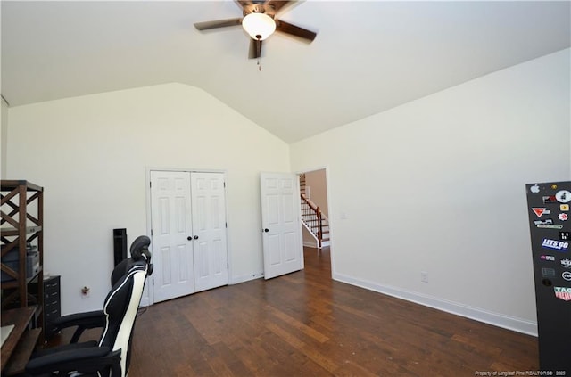 6226 Deerstand Rd, Wade, NC 28395 - office area featuring a ceiling fan, dark wood-style flooring, baseboards, and high vaulted ceiling