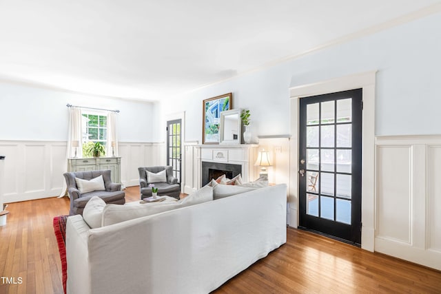 living room featuring a wainscoted wall, a decorative wall, wood finished floors, and a high end fireplace