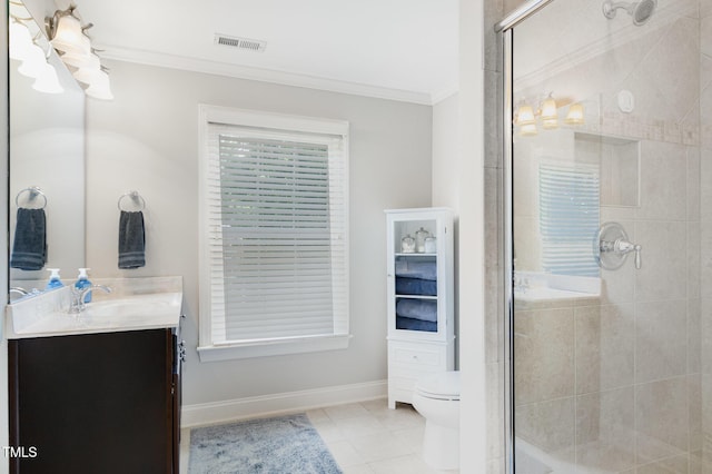 bathroom with crown molding, tile patterned floors, visible vents, and a stall shower
