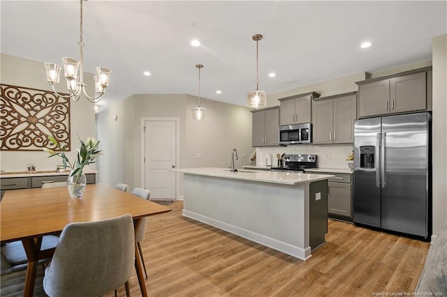 kitchen featuring stainless steel appliances, gray cabinets, light wood-style flooring, backsplash, and light countertops