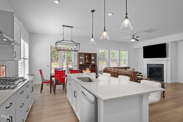 386 The Parks Dr, Pittsboro, NC 27312 - kitchen with a sink, appliances with stainless steel finishes, light wood finished floors, a center island with sink, and decorative light fixtures