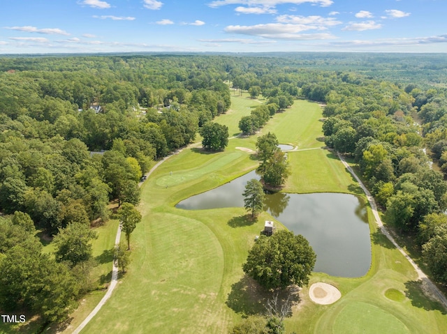 bird's eye view with a water view, golf course view, and a forest view
