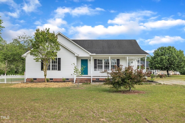 112 Edmondson Dr, Willow Springs, NC 27592 - ranch-style house with a porch, crawl space, a front lawn, and fence