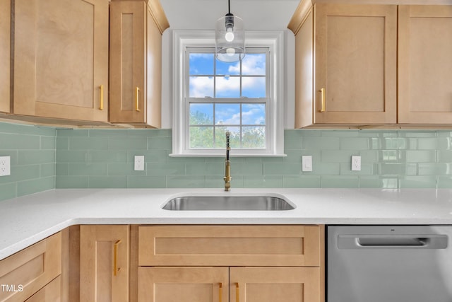 112 Edmondson Dr, Willow Springs, NC 27592 - kitchen featuring a sink, decorative backsplash, light brown cabinetry, light countertops, and dishwasher