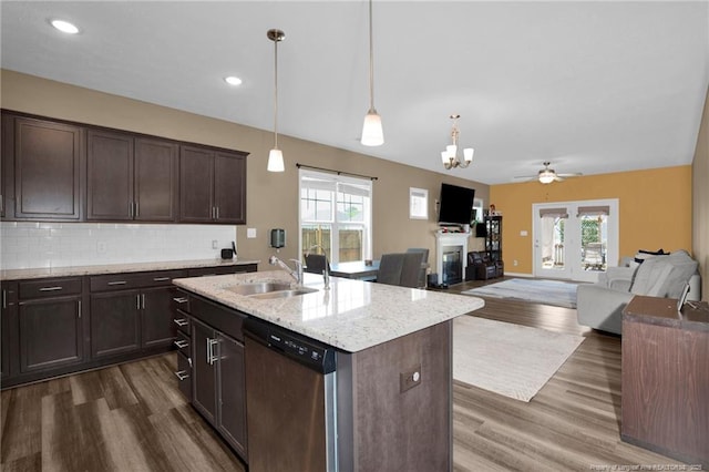 504 Loom Dr, Fayetteville, NC 28306 - kitchen featuring stainless steel dishwasher, a sink, dark wood-style floors, dark brown cabinetry, and recessed lighting