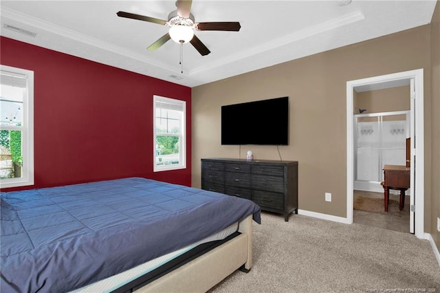 504 Loom Dr, Fayetteville, NC 28306 - carpeted bedroom featuring baseboards, a raised ceiling, ornamental molding, and a ceiling fan