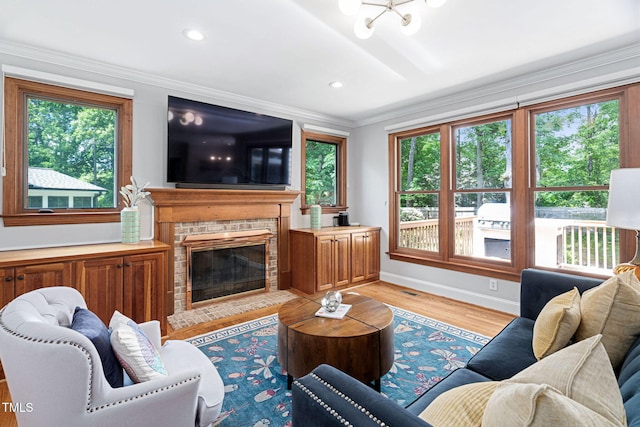 108 Nimbus Ct, Cary, NC 27513 - living room featuring healthy amount of natural light, light wood-type flooring, baseboards, ornamental molding, and a glass covered fireplace