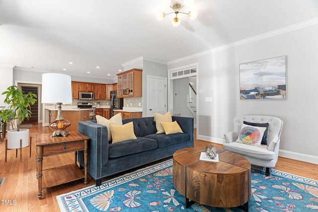 108 Nimbus Ct, Cary, NC 27513 - living room with stairway, light wood-style floors, baseboards, recessed lighting, and ornamental molding
