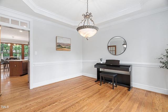 108 Nimbus Ct, Cary, NC 27513 - living area featuring light wood-style floors, ornamental molding, a tray ceiling, and baseboards