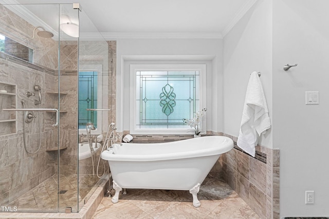 108 Nimbus Ct, Cary, NC 27513 - full bathroom featuring a stall shower, crown molding, a freestanding tub, marble finish flooring, and tile walls