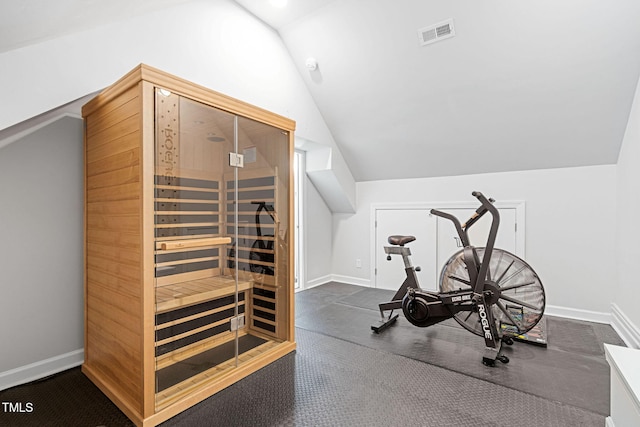 108 Nimbus Ct, Cary, NC 27513 - workout area with vaulted ceiling, a relaxing sauna, and baseboards