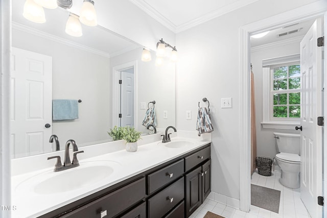 108 Nimbus Ct, Cary, NC 27513 - full bath with double vanity, tile patterned flooring, crown molding, toilet, and baseboards
