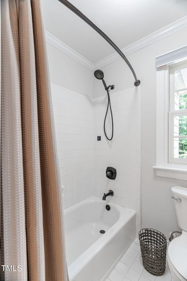 108 Nimbus Ct, Cary, NC 27513 - full bath featuring tile patterned floors, ornamental molding, toilet, and shower / bathtub combination with curtain