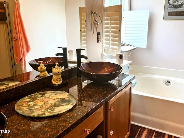 bathroom featuring wood finished floors, a bath, and vanity
