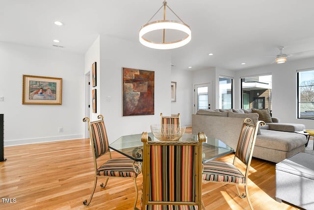 211 W Coporation, Durham, NC 27701 - dining area featuring light wood-style flooring, recessed lighting, a ceiling fan, and baseboards