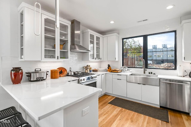 211 W Coporation, Durham, NC 27701 - kitchen with appliances with stainless steel finishes, wall chimney exhaust hood, a sink, a peninsula, and white cabinets