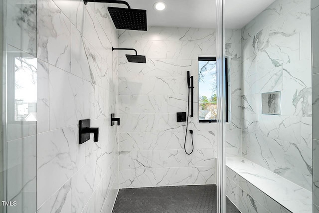 211 W Coporation, Durham, NC 27701 - full bath featuring a marble finish shower and recessed lighting