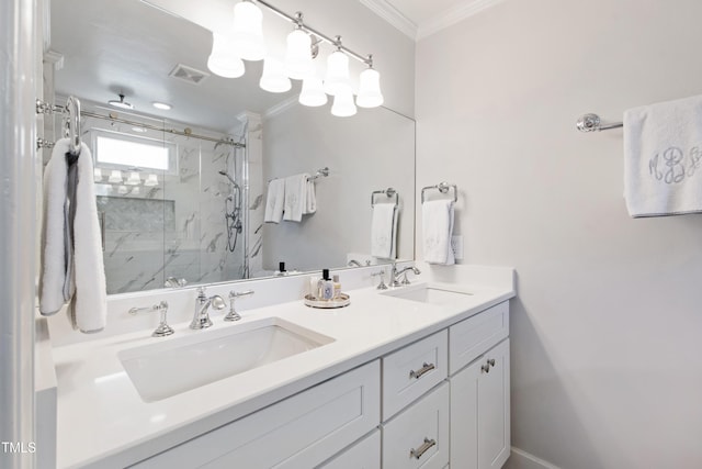 bathroom featuring double vanity, a sink, a marble finish shower, and ornamental molding