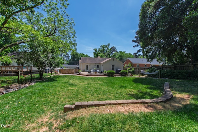 view of yard with a fenced backyard and a wooden deck