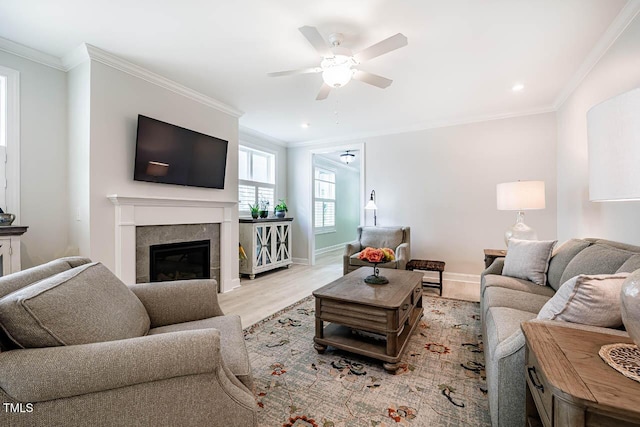 83 Vandalia Ave, Chapel Hill, NC 27516 - living area featuring ornamental molding, baseboards, a ceiling fan, and light wood-type flooring