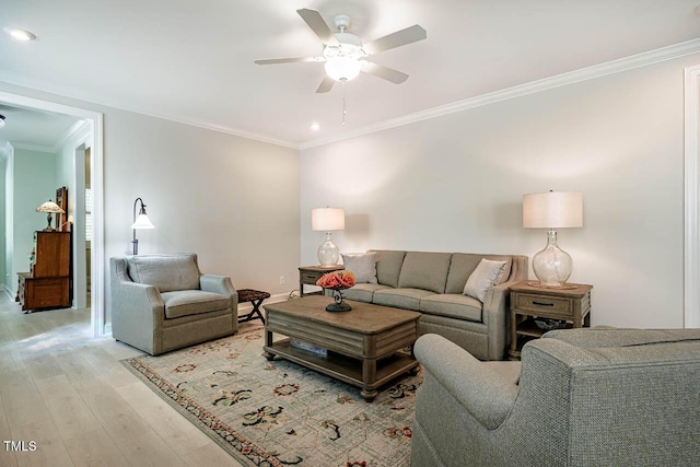 83 Vandalia Ave, Chapel Hill, NC 27516 - living area featuring a ceiling fan, light wood finished floors, baseboards, ornamental molding, and recessed lighting