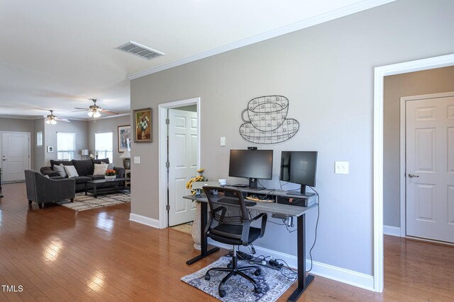 3827 Heritage Spring Cir, Wake Forest, NC 27587 - office area with crown molding, hardwood / wood-style flooring, baseboards, and ceiling fan