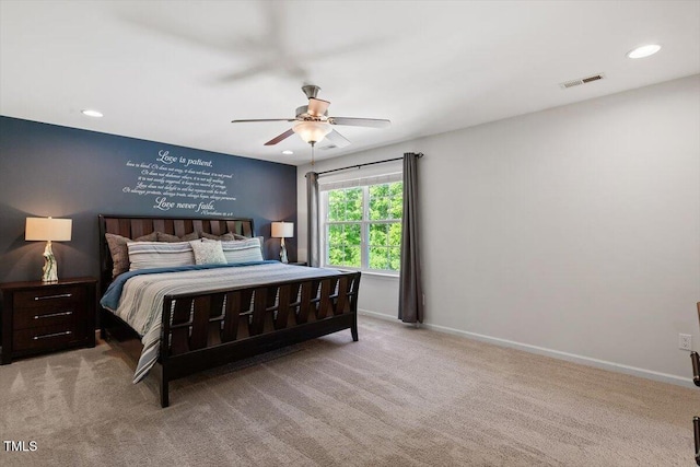 carpeted bedroom with visible vents, recessed lighting, baseboards, and a ceiling fan