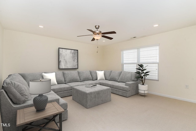1522 Palmer Hill Dr, Durham, NC 27703 - living area with light carpet, a ceiling fan, baseboards, recessed lighting, and visible vents