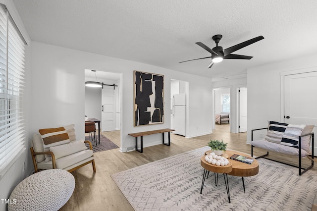 1613 Kilmer Ter, Durham, NC 27703 - living area with a ceiling fan, a textured ceiling, a barn door, baseboards, and light wood-style flooring