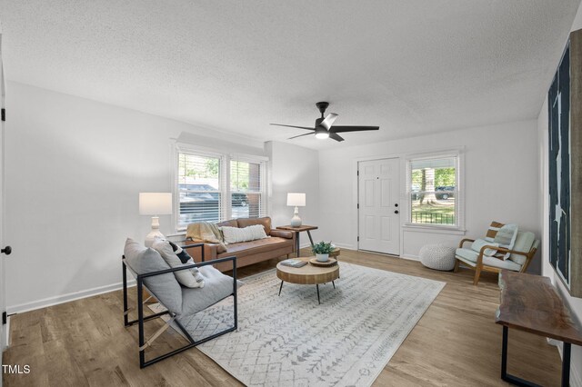 1613 Kilmer Ter, Durham, NC 27703 - living room featuring a textured ceiling, ceiling fan, a healthy amount of sunlight, and wood finished floors