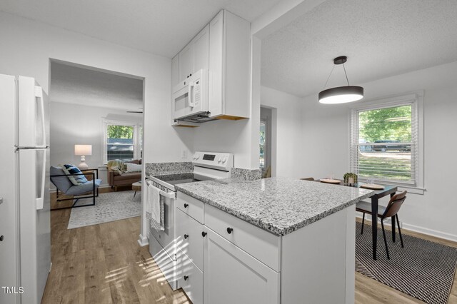 1613 Kilmer Ter, Durham, NC 27703 - kitchen featuring light stone countertops, light wood finished floors, white appliances, and white cabinetry