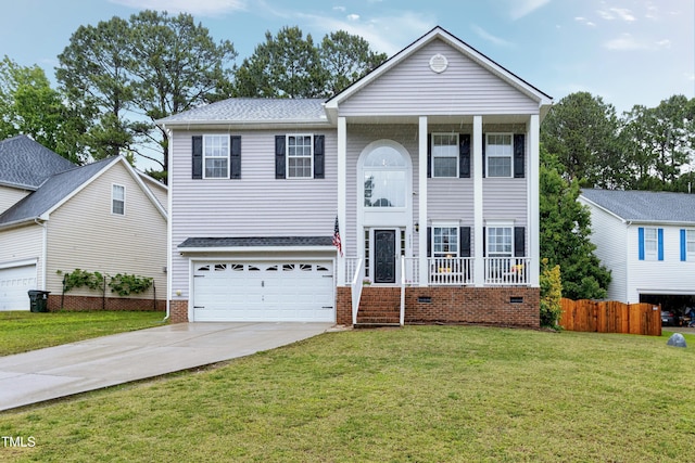bi-level home featuring concrete driveway, a garage, a shingled roof, and covered porch