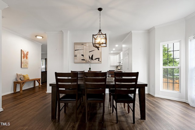 dining room with a chandelier, dark wood-style floors, baseboards, ornamental molding, and recessed lighting