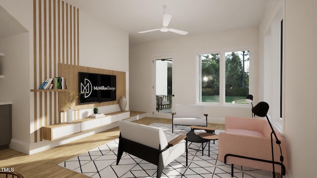 1800 Pershing Rd, Raleigh, NC 27608 - living room with light wood-style floors, baseboards, and ceiling fan
